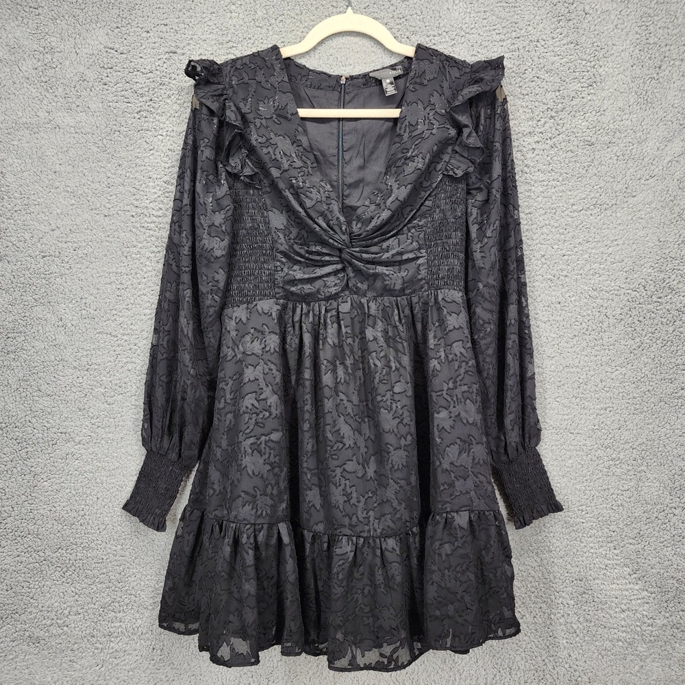 AQUA Small Black Floral Smocked Waist‎ Ruffled V-Neck Long Sleeve Mini Dress